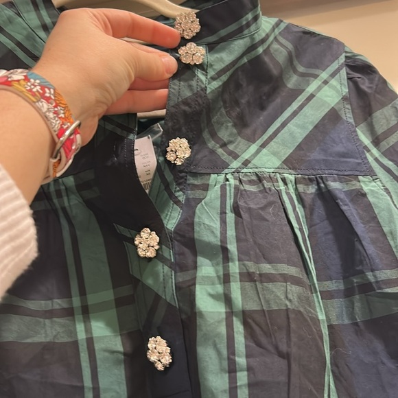 NWT J Crew Organic Cotton Fresco Top Jewel Buttons Green Blue Tartan Plaid - Picture 3 of 7